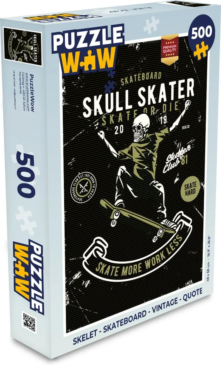 PuzzleWow – Skelet Skateboard Vintage Quote – 500 stukjes - Afbeelding 2