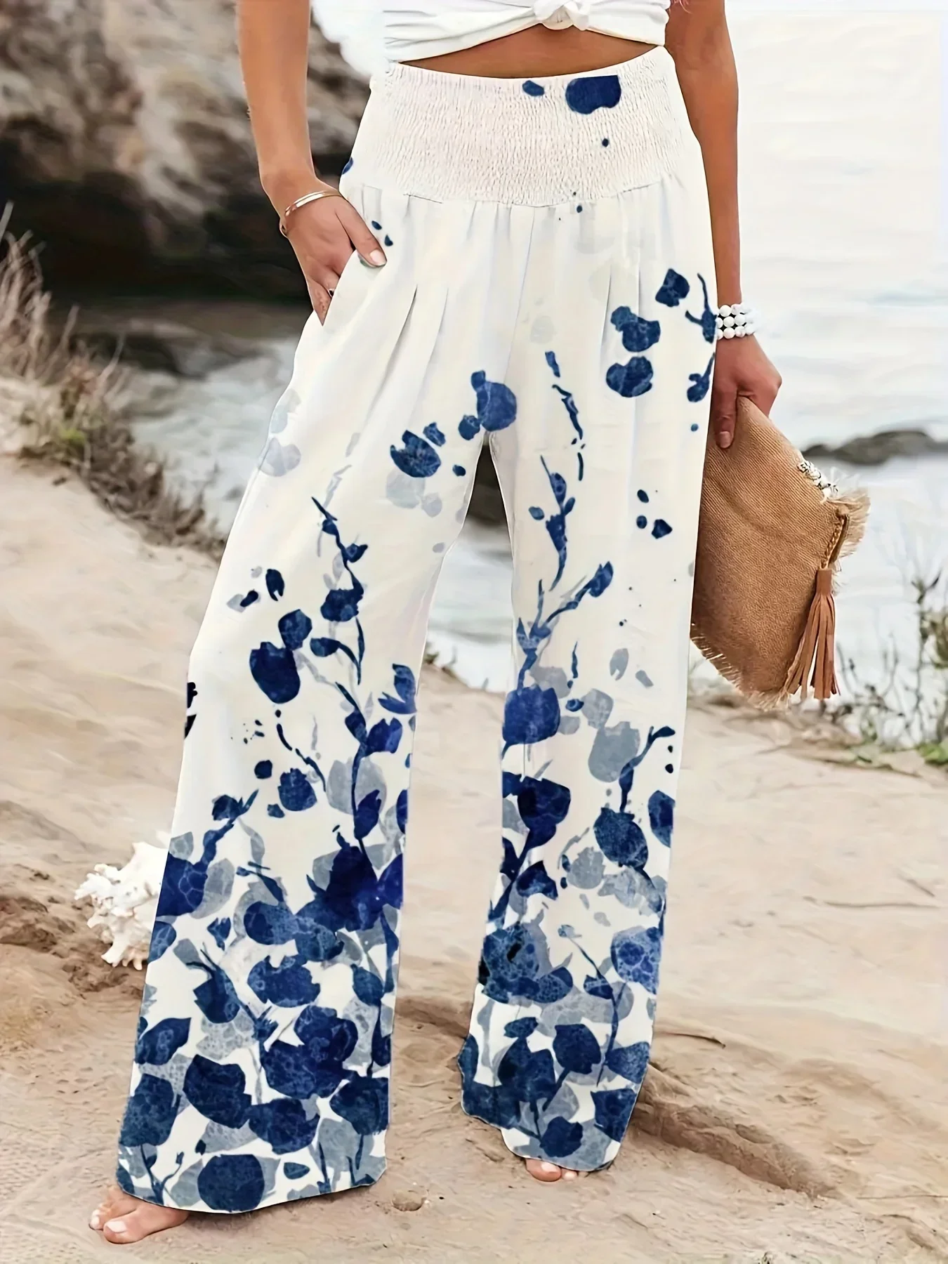 Linnen broek dames - Blauwe bloemenprint voor zomerse elegantie - Afbeelding 2